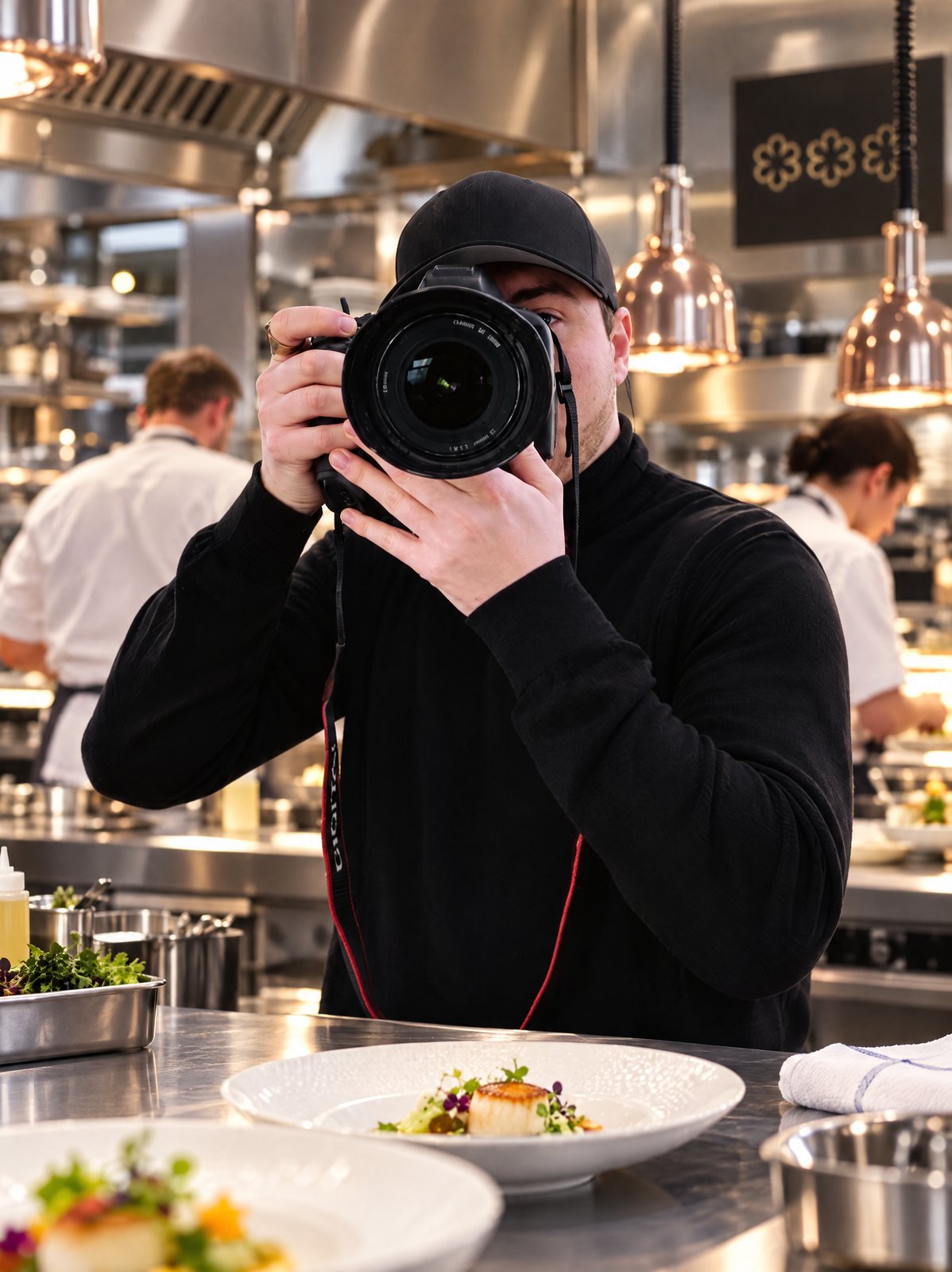 Samu Miller mit Kamera in einer Restaurantküche
